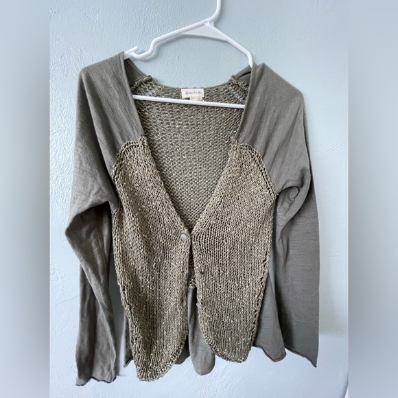 Anthropologie Meadow Rue Green Gold Knit Cardigan Sweater Ruffle Button Top Boho - Picture 3 of 11